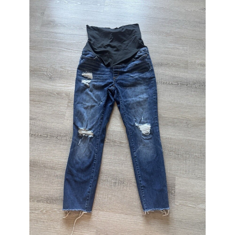 Ann Taylor LOFT Maternity Denim Jeans Skinny Distressed Dark Wash Size 4 Petite
